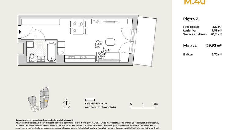 Rzut - Mieszkanie na sprzedaż 1 pokój o powierzchni 29,92 m² - numer M40 w Baja Piaśniki