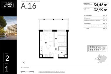 Rzut - Mieszkanie na sprzedaż 2 pokoje o powierzchni 34,46 m² - numer A.16 w Browar HUGO SCOBEL