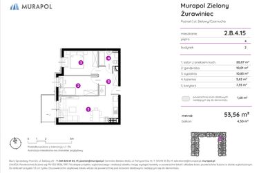 Rzut - Mieszkanie na sprzedaż 2 pokoje o powierzchni 53,4 m² - numer 2.B.4.15 w Murapol Zielony Żurawiniec