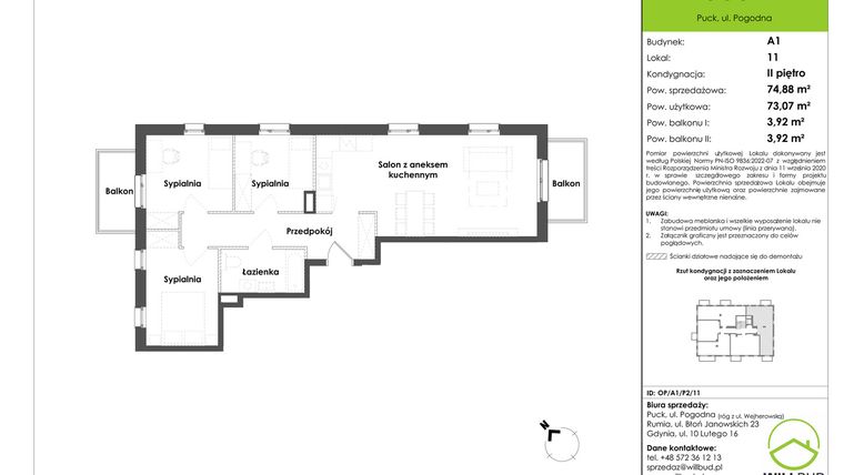 Rzut - Mieszkanie na sprzedaż 4 pokoje o powierzchni 73,07 m² - numer OP/A1/P2/11 w Osiedle Pogodne etap I