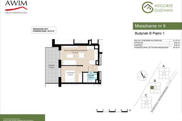 Rzut - Mieszkanie na sprzedaż 2 pokoje o powierzchni 34,79 m² - numer B9 w Wzgórze Gustawa