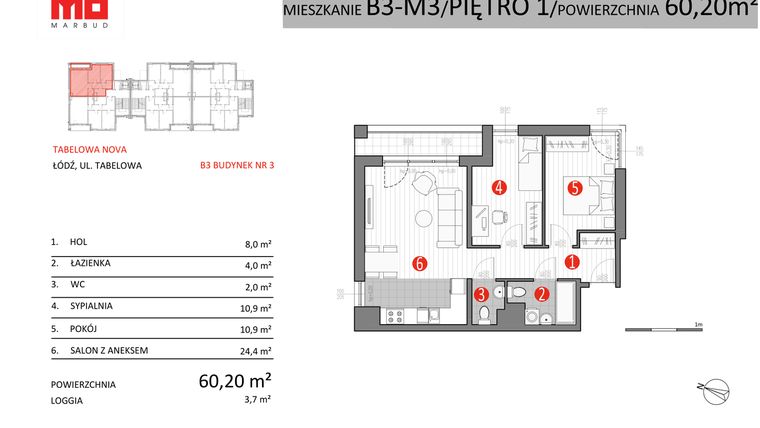 Rzut - Mieszkanie na sprzedaż 3 pokoje o powierzchni 60,2 m² - numer B3-M3 w Tabelowa NOVA