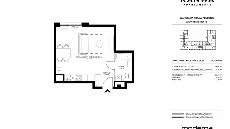 Rzut - Mieszkanie na sprzedaż 1 pokój o powierzchni 34,68 m² - numer B.06.07 w KANWA