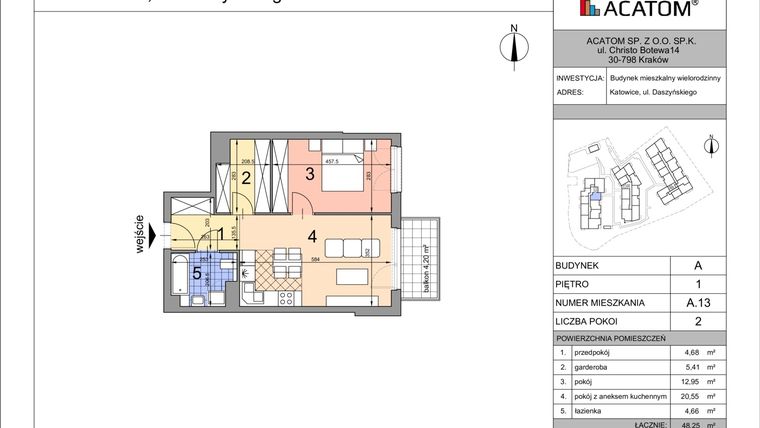 Rzut - Mieszkanie na sprzedaż 2 pokoje o powierzchni 48,2 m² - numer A13 w Daszyńskiego Park