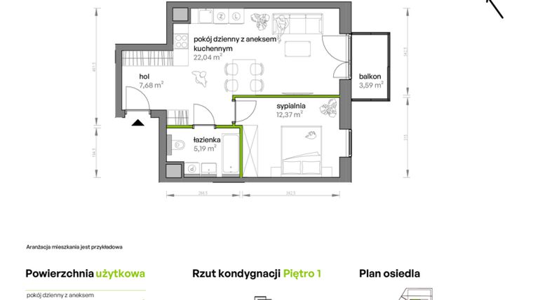 Rzut - Mieszkanie na sprzedaż 2 pokoje o powierzchni 47,28 m² - numer AA0109 w Ptasia Vita