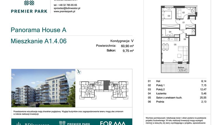 Rzut - Mieszkanie na sprzedaż 3 pokoje o powierzchni 60,9 m² - numer A1.4.06 w Premier Park II