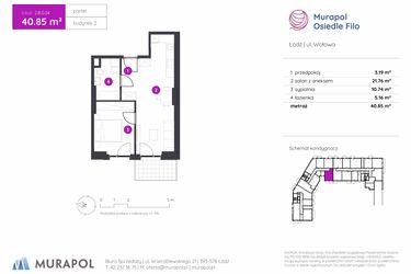 Rzut - Mieszkanie na sprzedaż 2 pokoje o powierzchni 40,85 m² - numer 2.B.0.04 w Murapol Osiedle Filo etap II