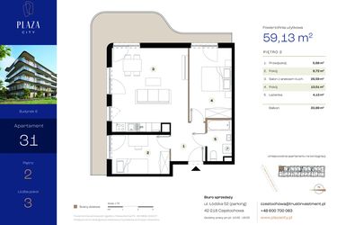 Rzut - Mieszkanie na sprzedaż 3 pokoje o powierzchni 59,13 m² - numer B6M31 w Plaza City