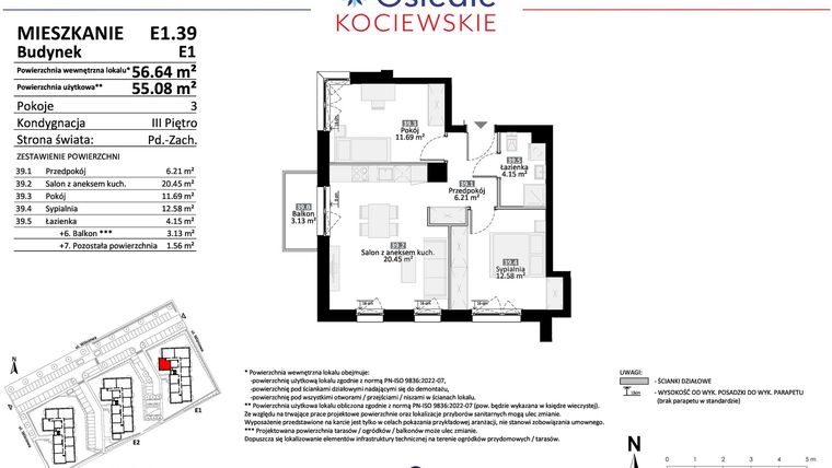 Rzut - Mieszkanie na sprzedaż 3 pokoje o powierzchni 55,08 m² - numer E1.39 w Osiedle Kociewskie bud. E