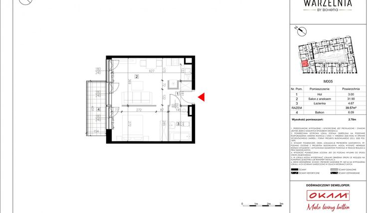 Rzut - Mieszkanie na sprzedaż 2 pokoje o powierzchni 39,83 m² - numer M005 w Warzelnia by Bohema