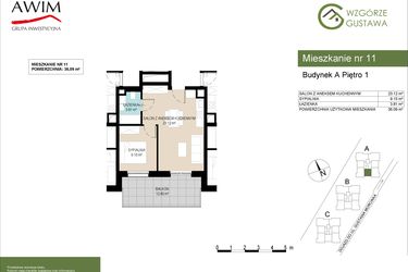 Rzut - Mieszkanie na sprzedaż 2 pokoje o powierzchni 36,09 m² - numer A11 w Wzgórze Gustawa