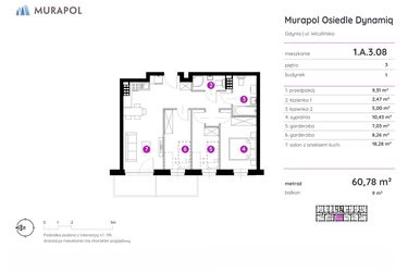 Rzut - Mieszkanie na sprzedaż 2 pokoje o powierzchni 60,78 m² - numer 1.A.3.08 w Murapol Osiedle Dynamiq