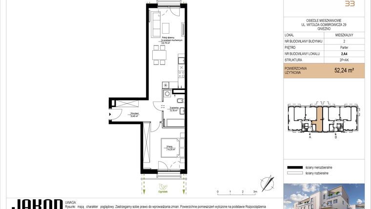 Rzut - Mieszkanie na sprzedaż 2 pokoje o powierzchni 52,24 m² - numer 2.A4 w Gombrowicza 33 - etap II
