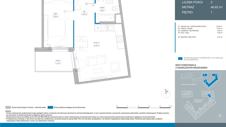 Rzut - Mieszkanie na sprzedaż 2 pokoje o powierzchni 46,62 m² - numer EA0102 w Spokojny Mokotów