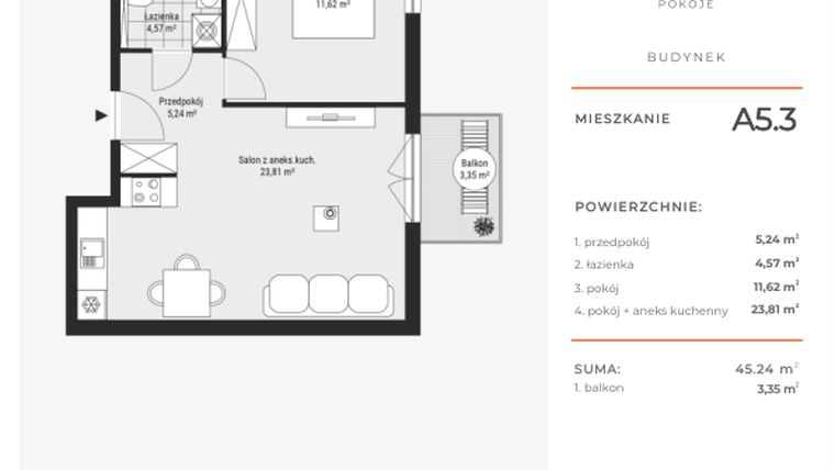 Rzut - Mieszkanie na sprzedaż 2 pokoje o powierzchni 46 m² - numer A5.3 w Enklawa Bukowa