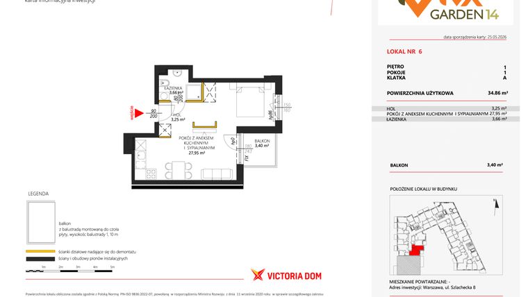 Rzut - Mieszkanie na sprzedaż 1 pokój o powierzchni 34,86 m² - numer 6 w Viva Garden 14