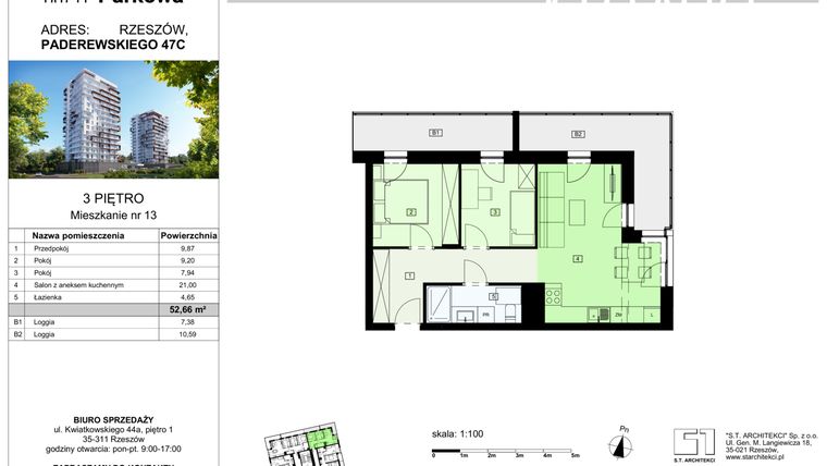 Rzut - Mieszkanie na sprzedaż 3 pokoje o powierzchni 52,66 m² - numer 13/B8 w Dzielnica Parkowa VIII