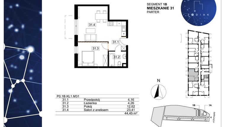 Rzut - Mieszkanie na sprzedaż 2 pokoje o powierzchni 44,45 m² - numer 39/31 w Zodiak