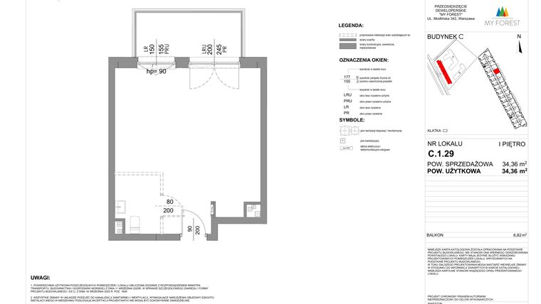 Rzut - Mieszkanie na sprzedaż 1 pokój o powierzchni 34,36 m² - numer C.1.29 w My Forest - Apartamenty inwestycyjne