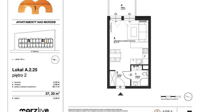 Rzut - Mieszkanie na sprzedaż 1 pokój o powierzchni 27,2 m² - numer A.2.25 w Morzlive