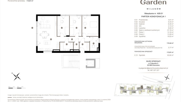 Rzut - Mieszkanie na sprzedaż 5 pokoi o powierzchni 110,44 m² - numer A09.01 w Royal Garden Wilanów Apartamenty