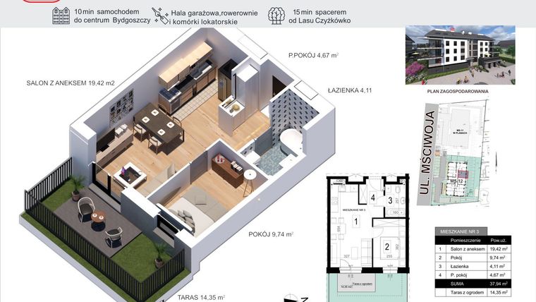 Rzut - Mieszkanie na sprzedaż 2 pokoje o powierzchni 37,94 m² - numer 3 w Mściwoja MS-12