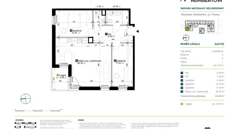 Rzut - Mieszkanie na sprzedaż 3 pokoje o powierzchni 66,68 m² - numer AA0102 w Stacja Rembertów