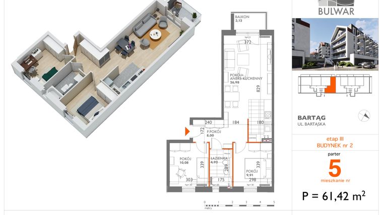 Rzut - Mieszkanie na sprzedaż 3 pokoje o powierzchni 61,42 m² - numer 5 w Bulwar bud. 2