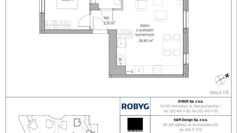 Rzut - Mieszkanie na sprzedaż 2 pokoje o powierzchni 43,9 m² - numer B5.2M01 w ROSA Residence etap II