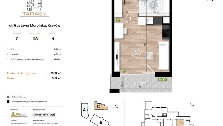Rzut - Mieszkanie na sprzedaż 1 pokój o powierzchni 25,52 m² - numer C8 w Krzesławickie Tarasy