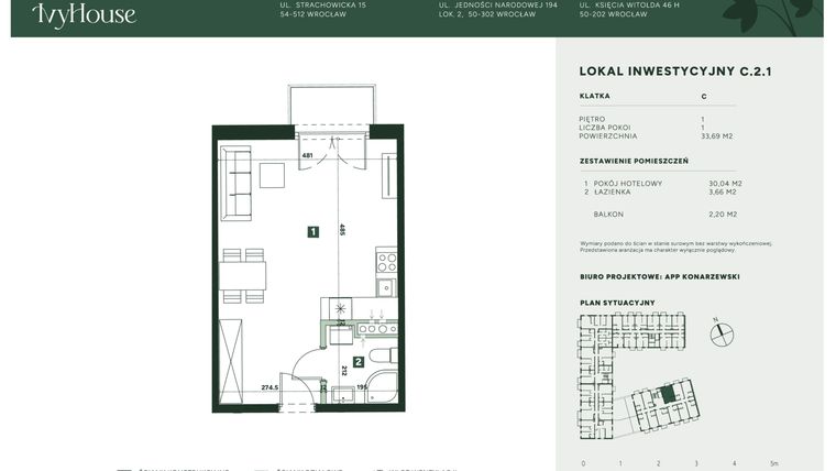 Rzut - Mieszkanie na sprzedaż 1 pokój o powierzchni 33,69 m² - numer C.2.1 w IVY HOUSE - Apartamenty inwestycyjne