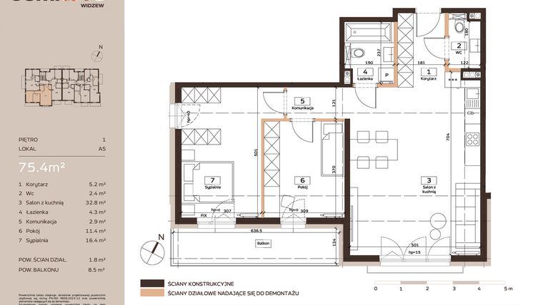 Rzut - Mieszkanie na sprzedaż 3 pokoje o powierzchni 75,4 m² - numer A5 w Domkove Widzew