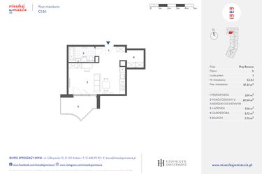 Rzut - Mieszkanie na sprzedaż 1 pokój o powierzchni 37,33 m² - numer C1.5.1 w Mieszkaj w mieście - przy Bonarce