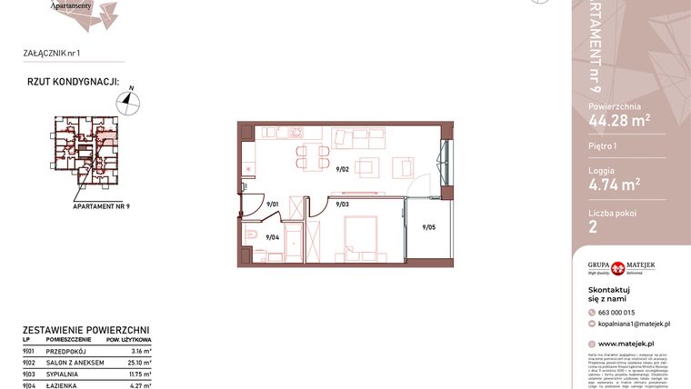Rzut - Mieszkanie na sprzedaż 2 pokoje o powierzchni 44,28 m² - numer 9 w Kopalniana