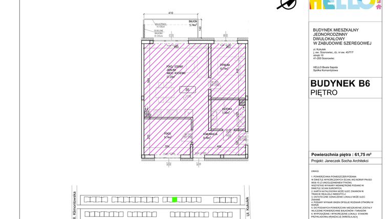 Rzut - Mieszkanie na sprzedaż 3 pokoje o powierzchni 61,75 m² - numer B6.2 w HELLO! KUKUŁKI bud. B