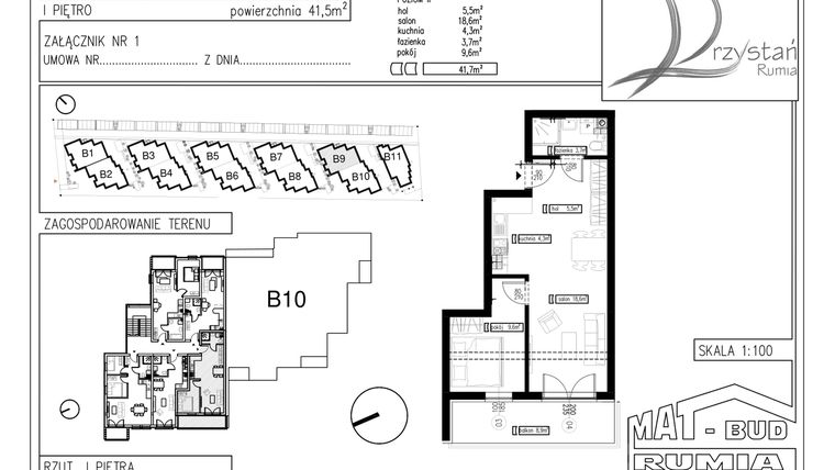 Rzut - Mieszkanie na sprzedaż 2 pokoje o powierzchni 41,7 m² - numer B9M5 w Przystań Rumia