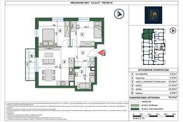 Rzut - Mieszkanie na sprzedaż 3 pokoje o powierzchni 53,21 m² - numer 27 w Osiedle przy Sportowej etap III