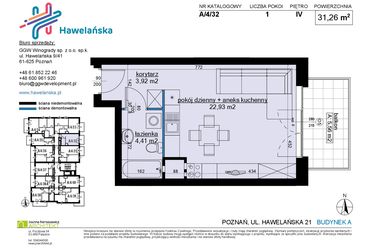 Rzut - Mieszkanie na sprzedaż 1 pokój o powierzchni 31,4 m² - numer A/4/32 w Osiedle Hawelańska etap III - bud. A