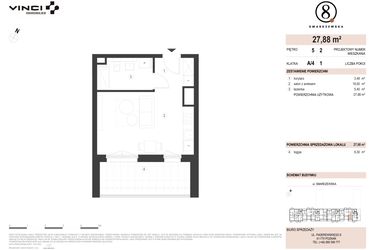 Rzut - Mieszkanie na sprzedaż 1 pokój o powierzchni 27,88 m² - numer A/4/5.2 w Smardzewska 8