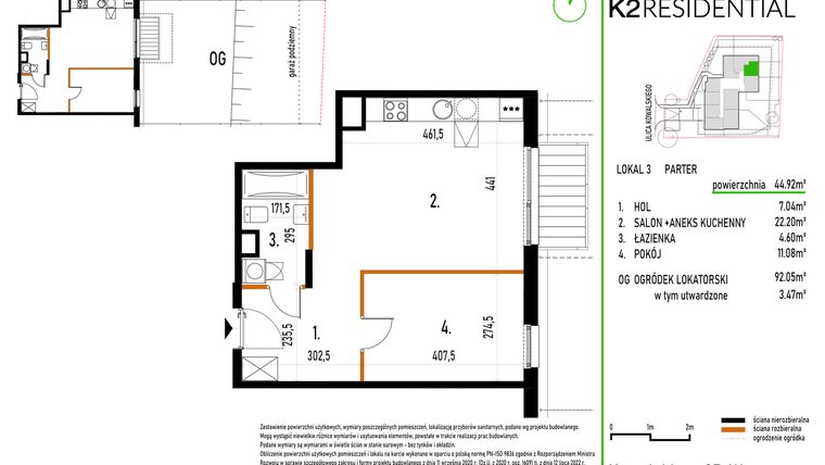 Rzut - Mieszkanie na sprzedaż 2 pokoje o powierzchni 44,92 m² - numer 3 w Kowalskiego 37