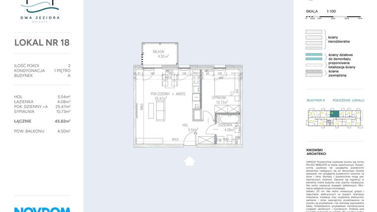 Rzut - Mieszkanie na sprzedaż 2 pokoje o powierzchni 45,82 m² - numer A.18 w Dwa Jeziora