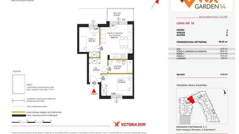 Rzut - Mieszkanie na sprzedaż 3 pokoje o powierzchni 49,4 m² - numer 18 w Viva Garden 14