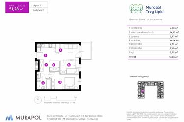 Rzut - Mieszkanie na sprzedaż 2 pokoje o powierzchni 51,28 m² - numer 2.A.2.12 w Murapol Trzy Lipki etap II