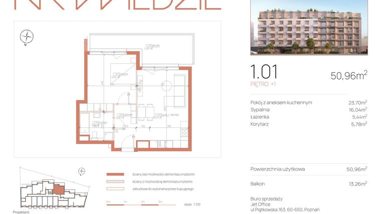 Rzut - Mieszkanie na sprzedaż 2 pokoje o powierzchni 50,96 m² - numer 1.01 w Na Wildzie