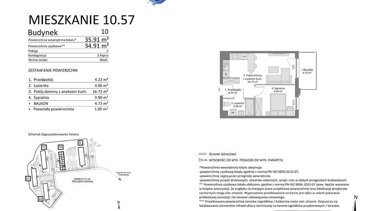 Rzut - Mieszkanie na sprzedaż 2 pokoje o powierzchni 34,91 m² - numer 10.57 w Osiedle Pastelowe etap IV