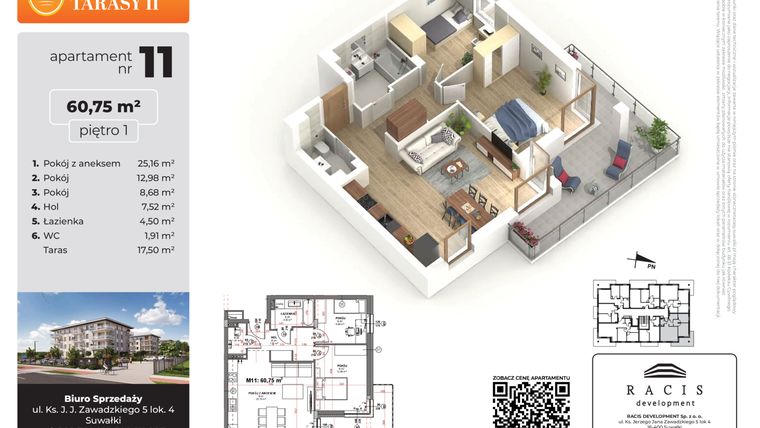 Rzut - Mieszkanie na sprzedaż 3 pokoje o powierzchni 60,75 m² - numer 11 w Słoneczne Tarasy II