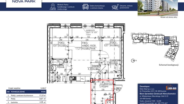 Rzut - Mieszkanie na sprzedaż 3 pokoje o powierzchni 45,98 m² - numer 65B w Nova Park etap II