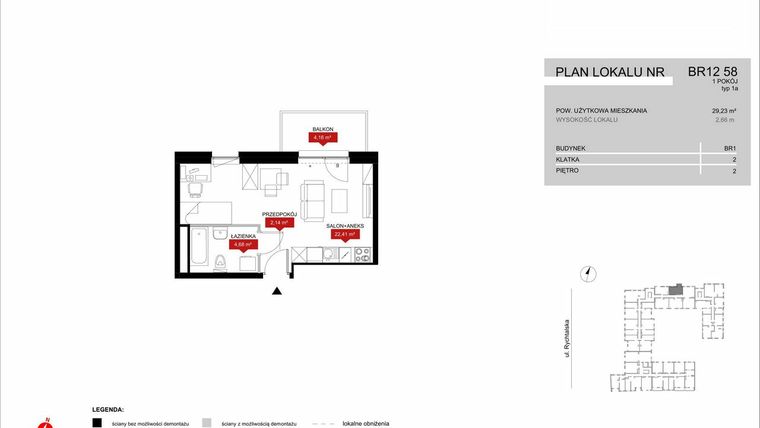 Rzut - Mieszkanie na sprzedaż 1 pokój o powierzchni 29,23 m² - numer BR12/58 w Browary Wrocławskie 2