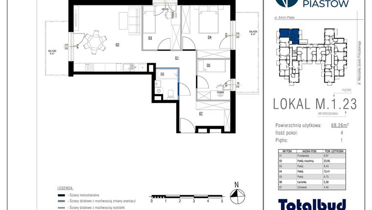 Rzut - Mieszkanie na sprzedaż 4 pokoje o powierzchni 68,26 m² - numer M.1.23 w Viva Piastów