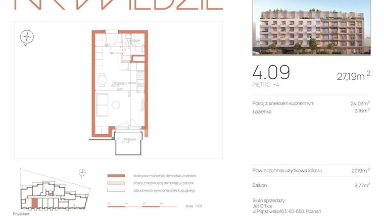 Rzut - Mieszkanie na sprzedaż 1 pokój o powierzchni 27,19 m² - numer 4.09 w Na Wildzie
